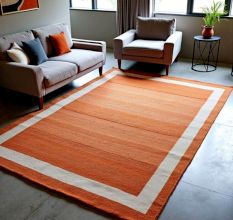 Hand Knotted Orange And Beige Wool Rug